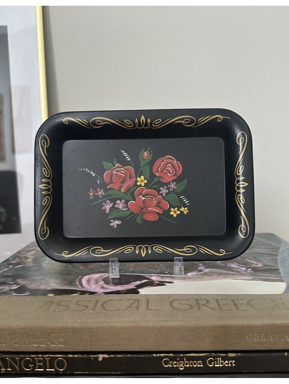 Vintage Black Metal Rectangular Hand Painted Red Roses Floral Tray 7”x4.5”